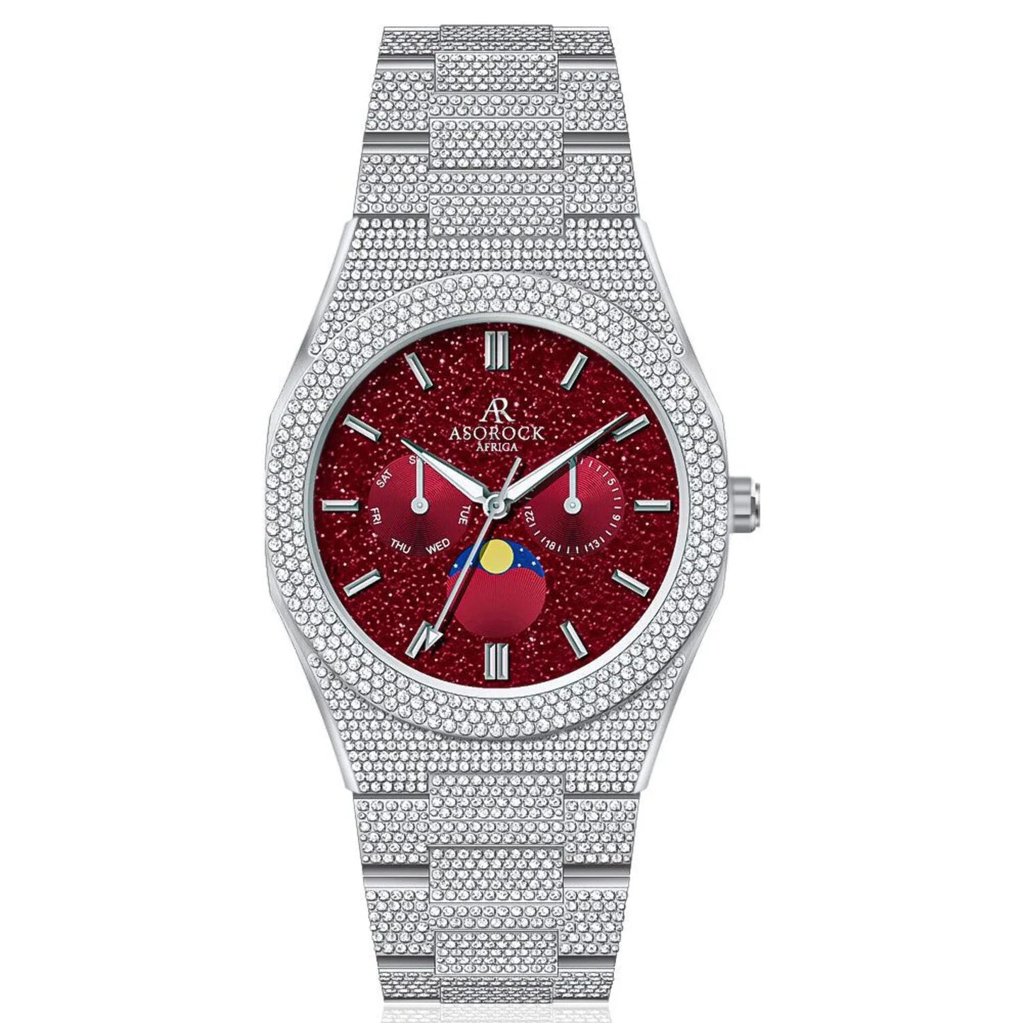 transporter - Asorock | bezel Yellow - 44mm | strap CZ diamond Small diamond Fully | iced watch Watches Iced Gold/Red