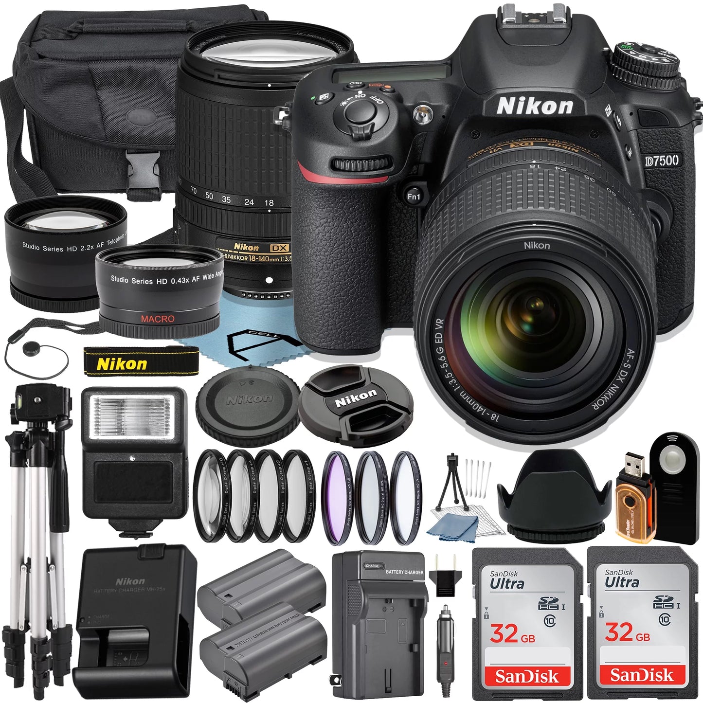 A-Cell SanDisk Accessory UV Bundle with Tripod Case + + 18-140mm DSLR 32GB + D7500 Lens Filter 2pcs Nikon Camera Card Memory + +