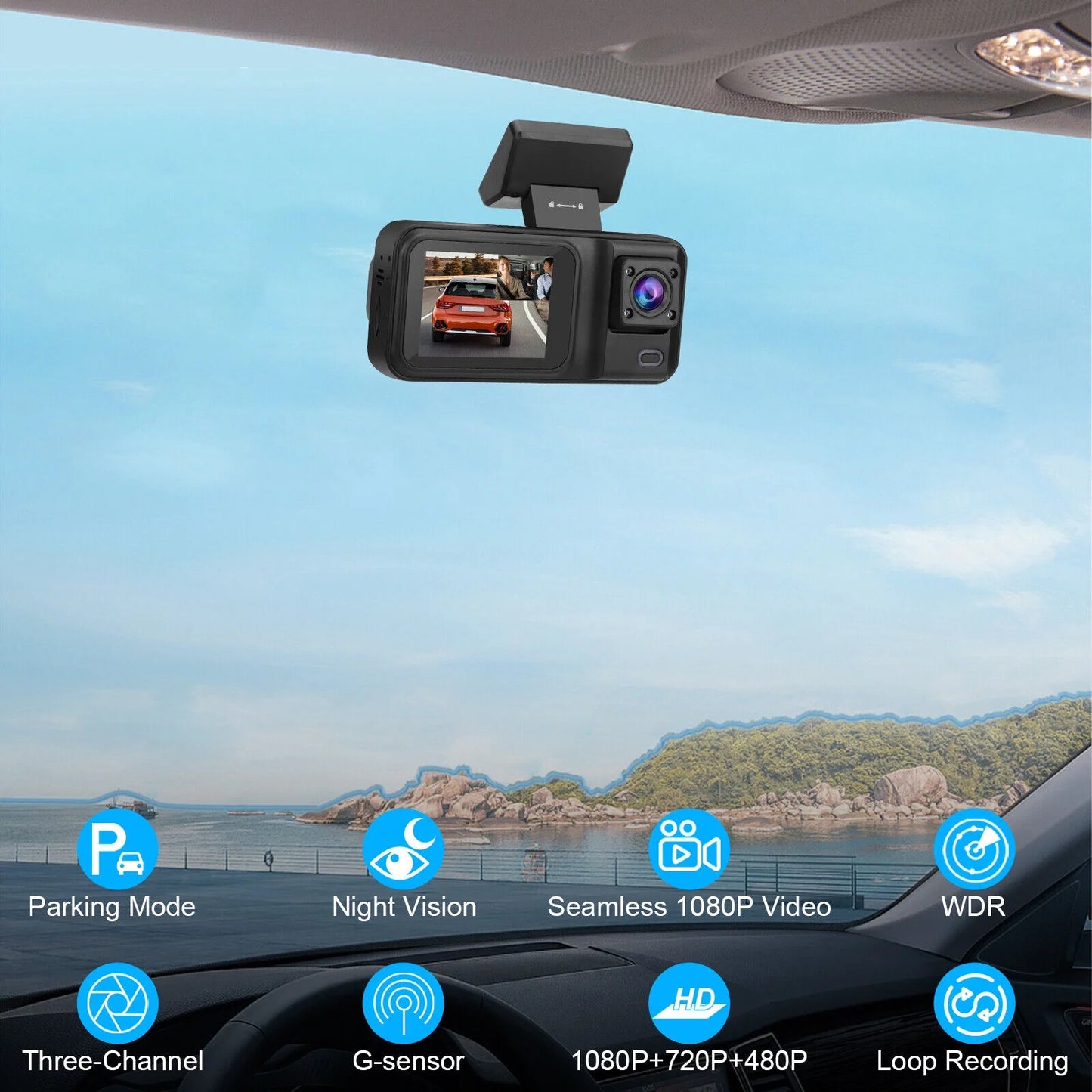 1080P Dash Camera G-sensor 3 Dual Video 170° Lens Car Recorder Channel 2" Cam HD