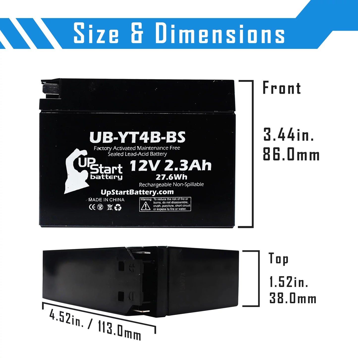 UpStart UB-YT4B-BS SR400 Activated, 400CC for (FI) Free, 2010 2.3Ah, - Maintenance Replacement 4-Pack Factory Motorcycle 12V, Battery Yamaha Battery