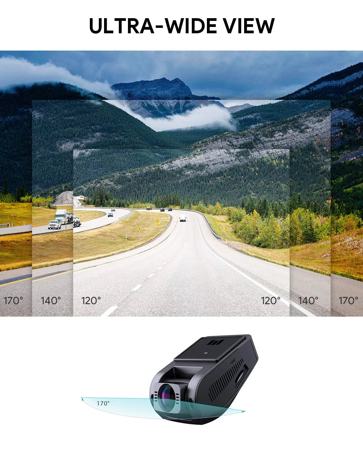 Wide Camera Black-DR02 Cam, FHD Angle Camera, for Dash 6-Lane Dash P Lens 1080P 170-Degree Wifi AUKEY Car Cars,