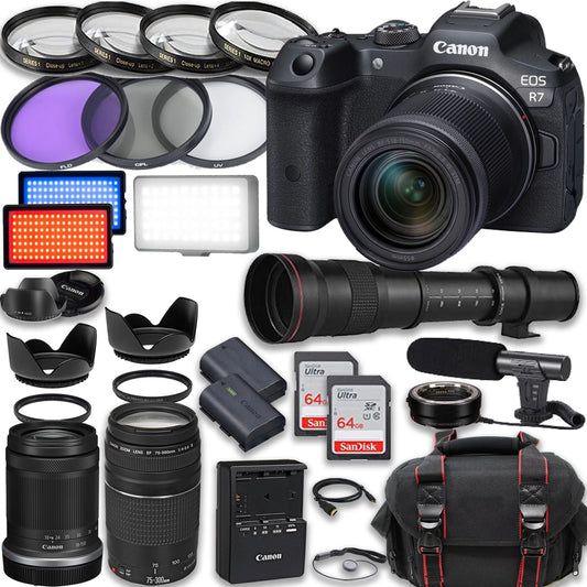 75-300mm Extra EF STM Case Lenses, LED Camera 420-800mm HD + Canon III included: Memory Mirrorless RF-S & + More with R7 EOS Battery, 2X Video 18-150mm 64GB Microphone, Accessories Cards, Light, IS