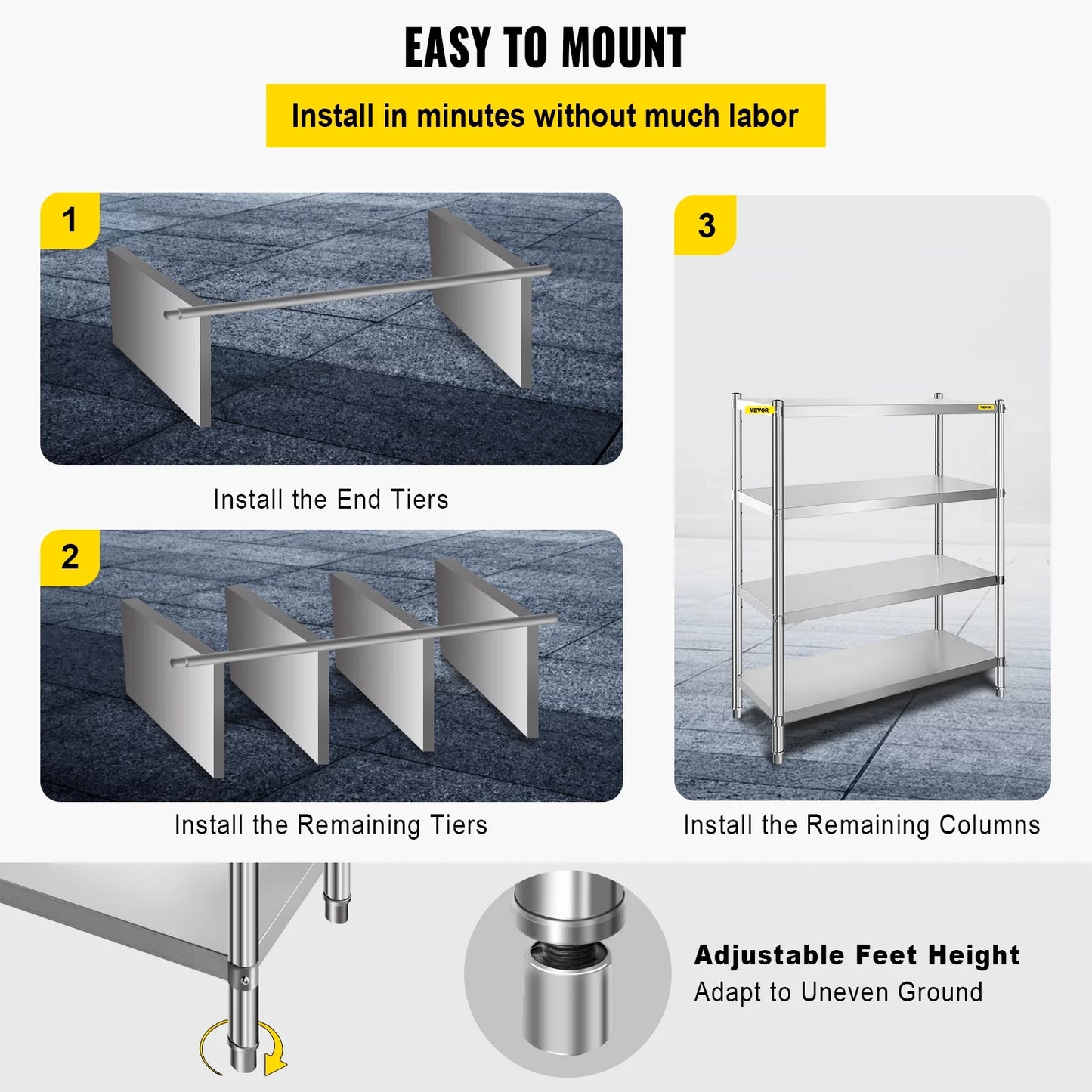 4-Tier 330LB Shelf Standing Commercial Stainless Shelf per Garage Shelving Shelf Office, Unit Storage Steel for Capacity Kitchen, VEVORbrand