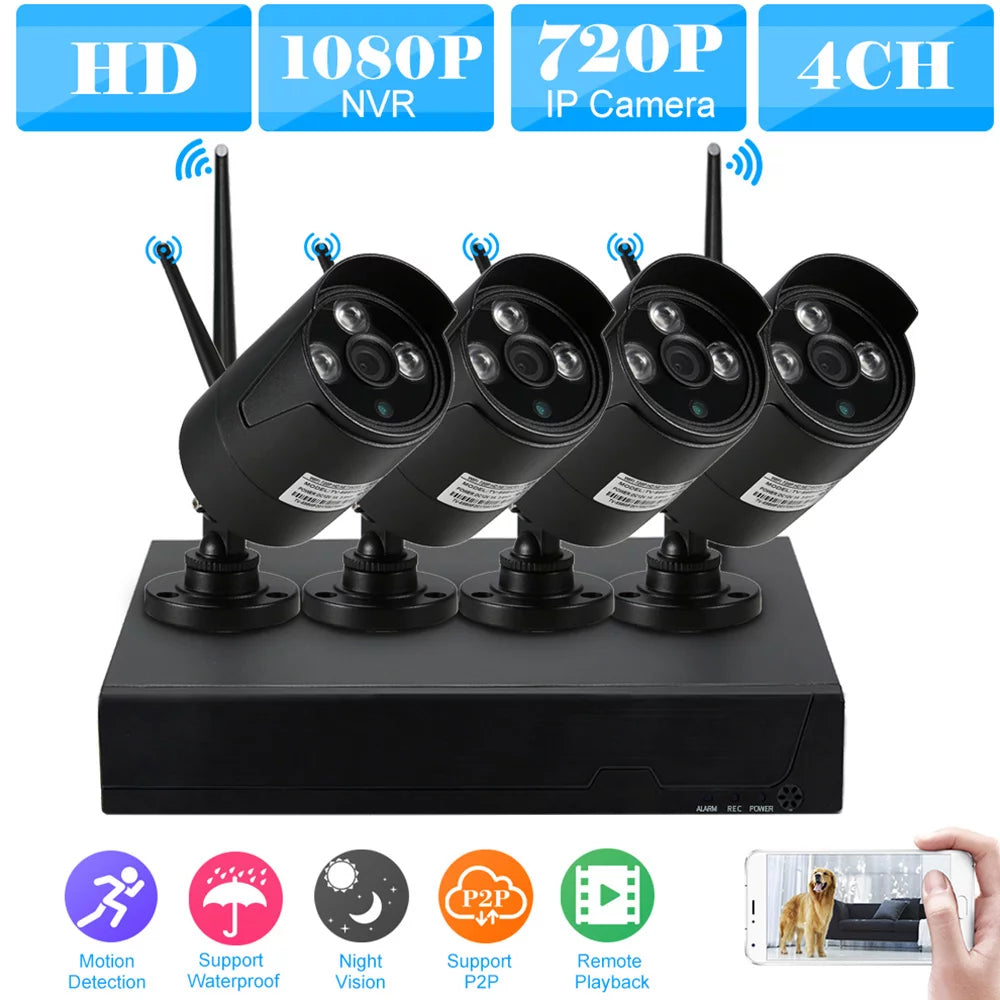 with Phone Control NVR P2P Detection Outdoor Vision System 4pcs Waterproof for Night HD WiFi IR-CUT Support Motion IP Kit WiFi 1.0MP Camera CCTV Wireless 1080P 4CH