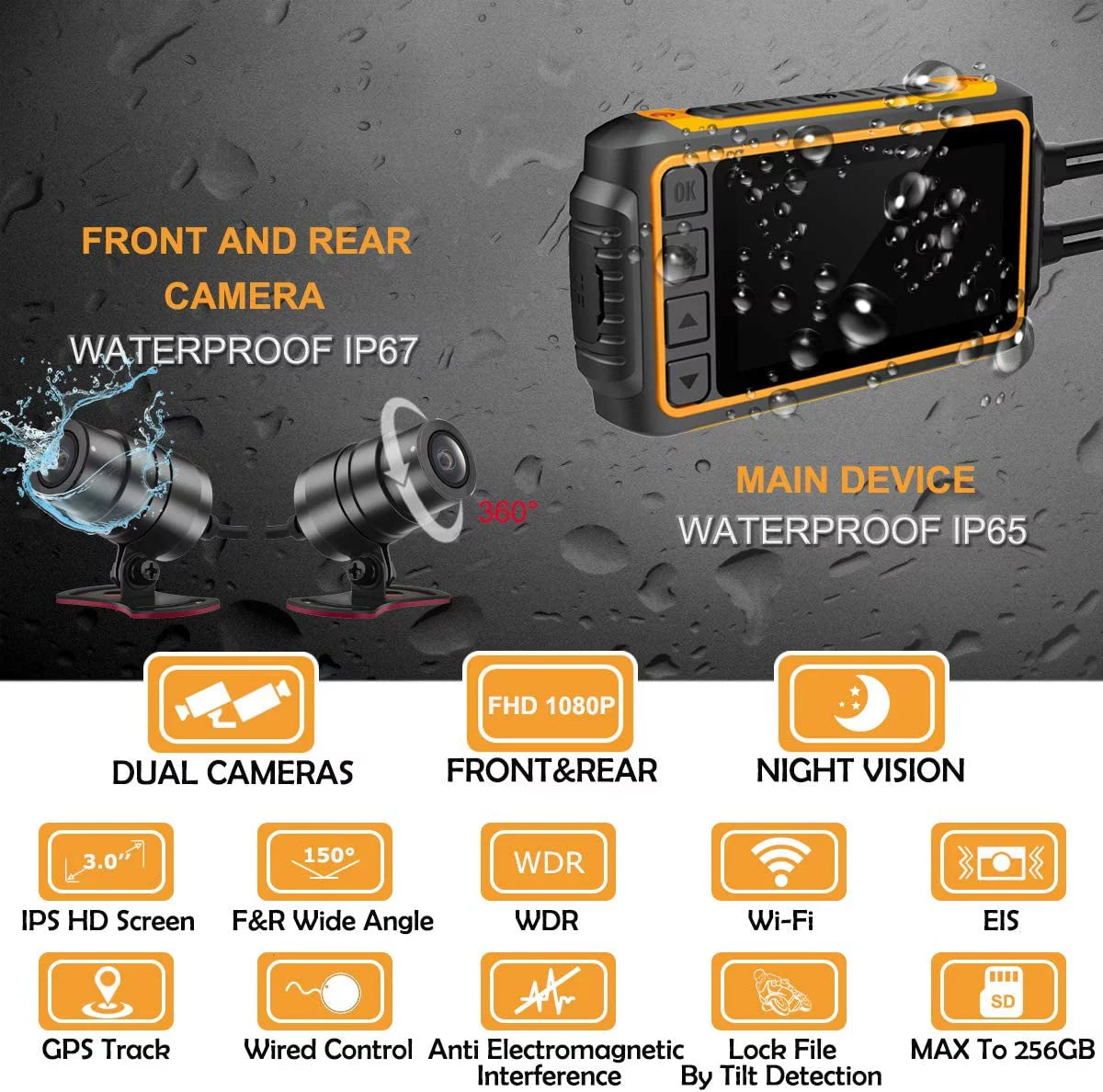 to and Rear Cam up 256GB Recording LCD Wi-Fi, Waterproof FHD Max Camera Control, for with G-Sensor, Motorcycle, Wide 3'' ZOMFOM Front 150° Lens GPS, Waterproof Wired 1080P Dash and EIS Angle