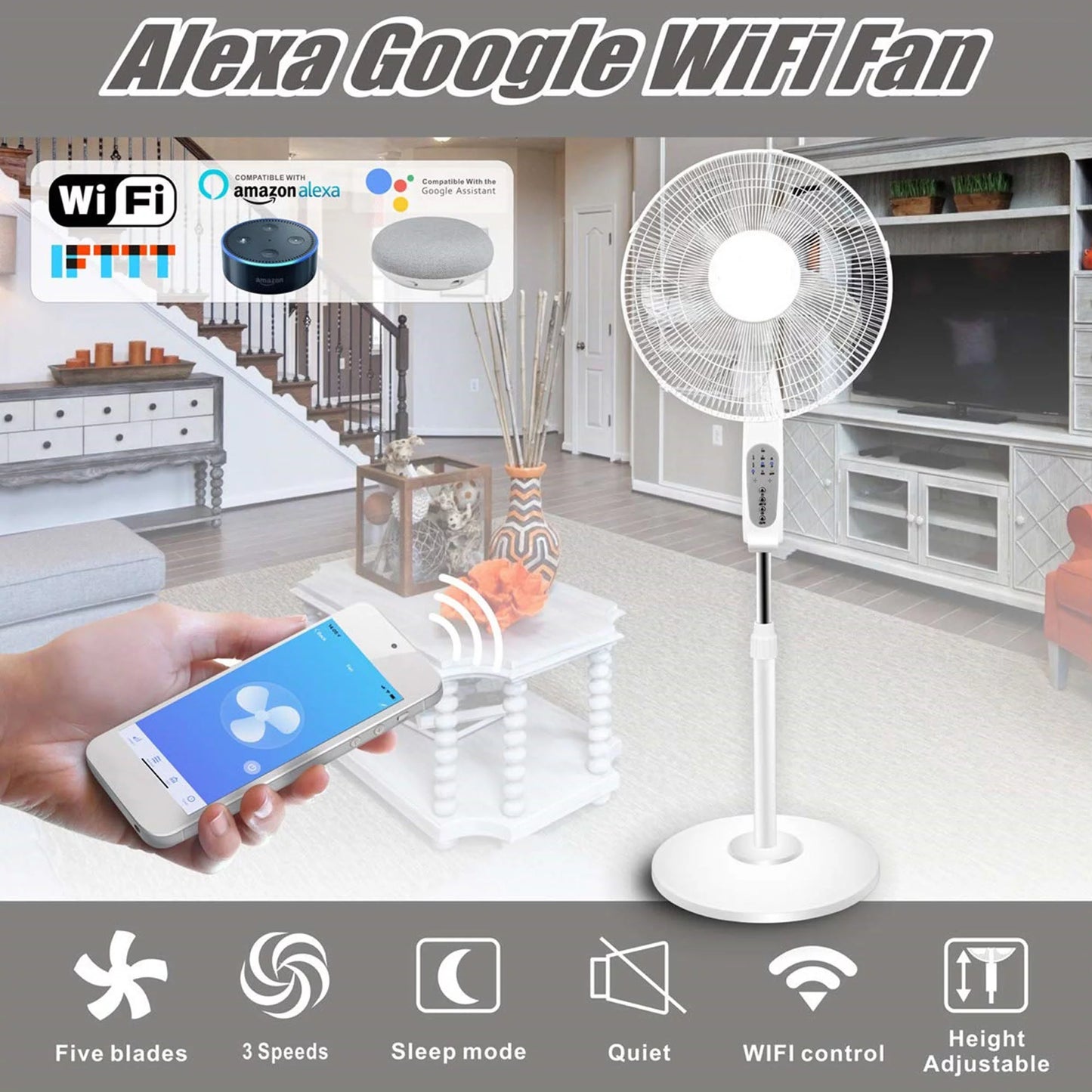 Alexa/Google Compatibe WIFI Standing Oscillating with Home Enabled Voice Technical Feature, with Pro Amazon Fan 16"