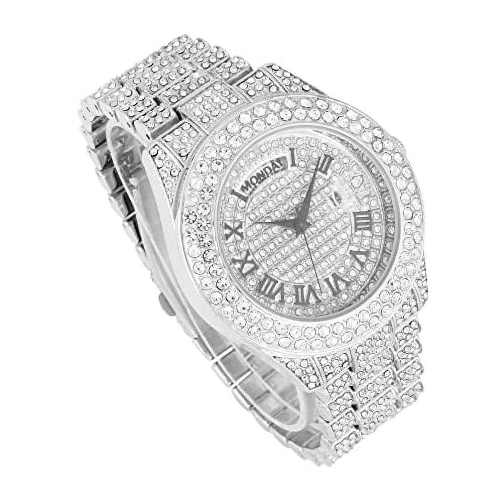 &Day Watch w/Easy Big - Out Timepiece Out Iced Rocks Designer Fully Blinged ST10535 (ST10535-RN Hop Read Silver) Dials- Raymond and Date Hip Mens Colorful Charles Diamond