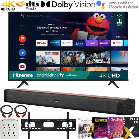 60W Home Premiere TV Adapter Wall + Inch TV with 2.0 4K + 6-Outlet Soundbar Bundle Deco A6G with (2021) Dolby Mount Hisense Ch Series 37"-70" + Movies Streaming Vision HDR 65 Surge Smart 65A6G UHD