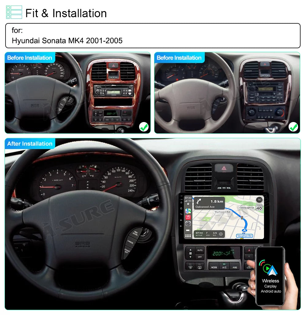 Sonata for CarPlay Srereo Hyundai Wireless 2+32G 11 Player 2001-2005 Car Android