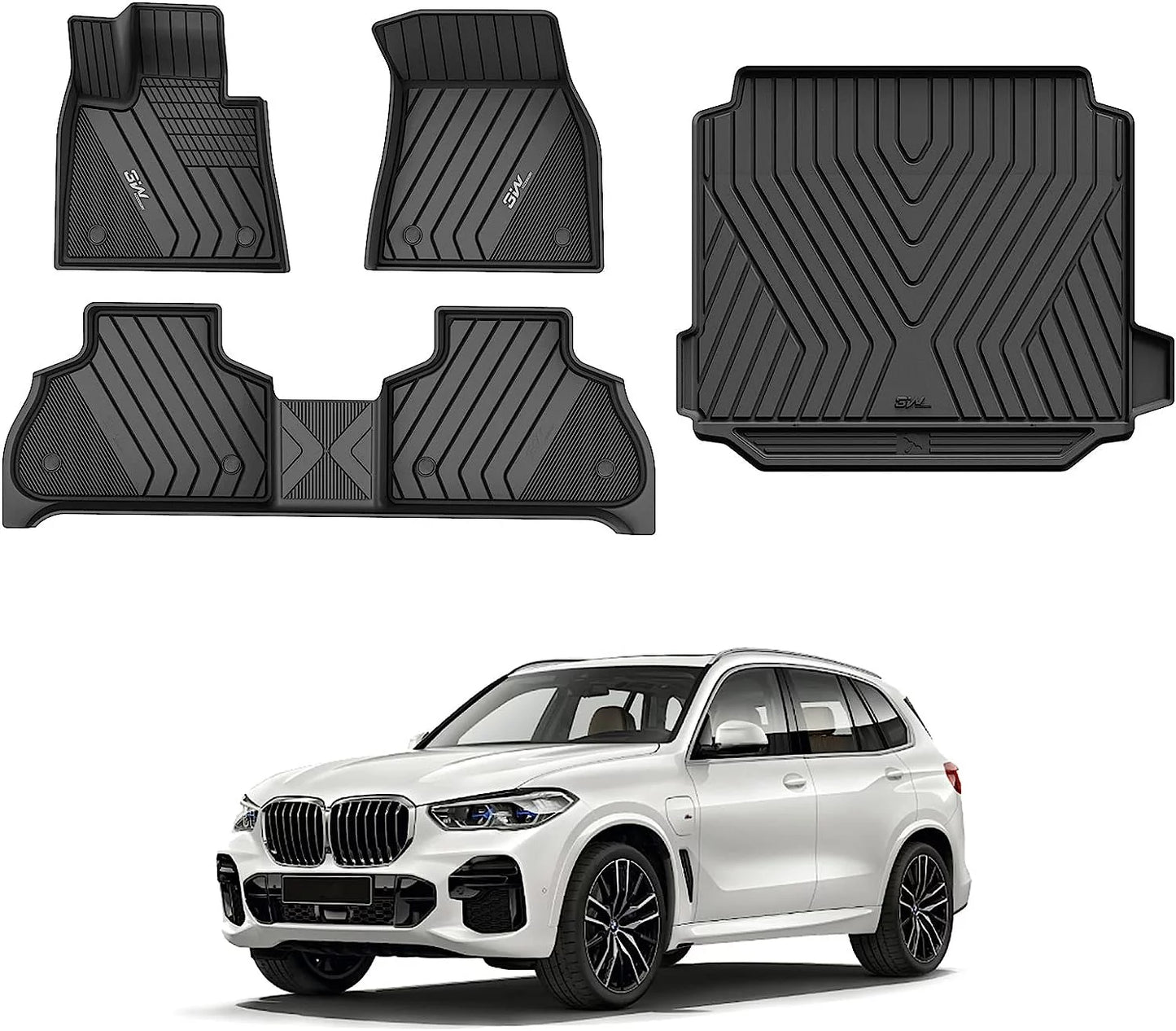 TPE & Passenger) Heavy for Mat for Full Duty (Only 5 2019-2023 All-Weather Liner Trunk Mats 3W Compatible Fit BMW Floor Black Set X5 X5 Liner and Custom Cargo Fit BMW Floor