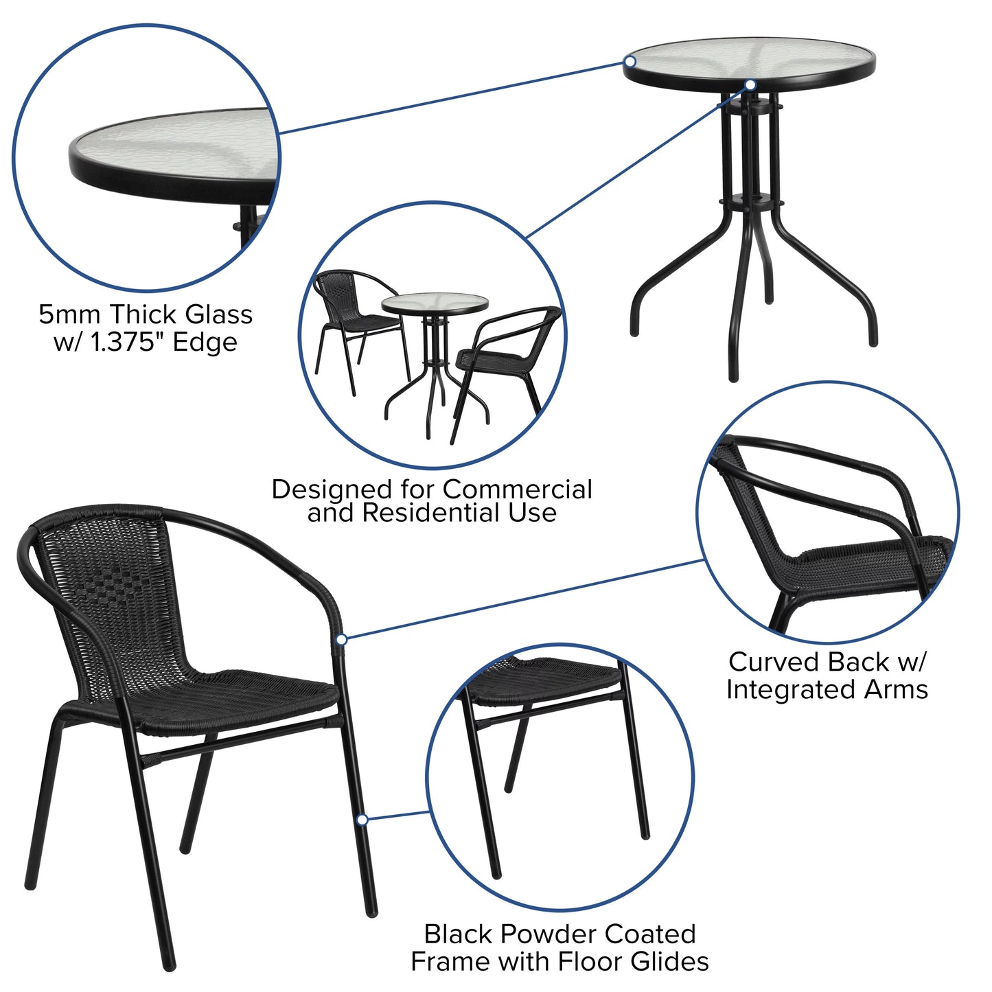 x Round 28"H Furniture Rattan x 23.75"D x Stack Metal 23.75"D 23.75"W - Glass 23.75"W Chairs with - 23.75" Flash Table x 2 28"H