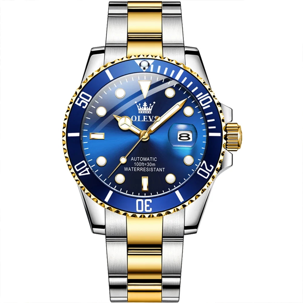 Adult Blue for Men Wristwatch Gold Two-Tone Automatic 6650A Male Date Olevs