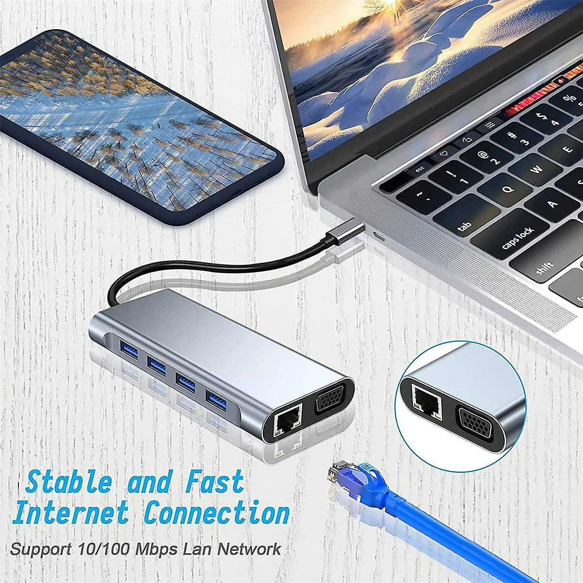 Station A*4, PD100W Pro,Air with 4K Laptop Ports USB 11-in-1 C Dell LAN,SD,MicroSD,Compatible HP Multi-Port 3.5mm with VGA,Type-C Kidsol Gigabit Lenovo Power,USB Docking HDMI, MacBook