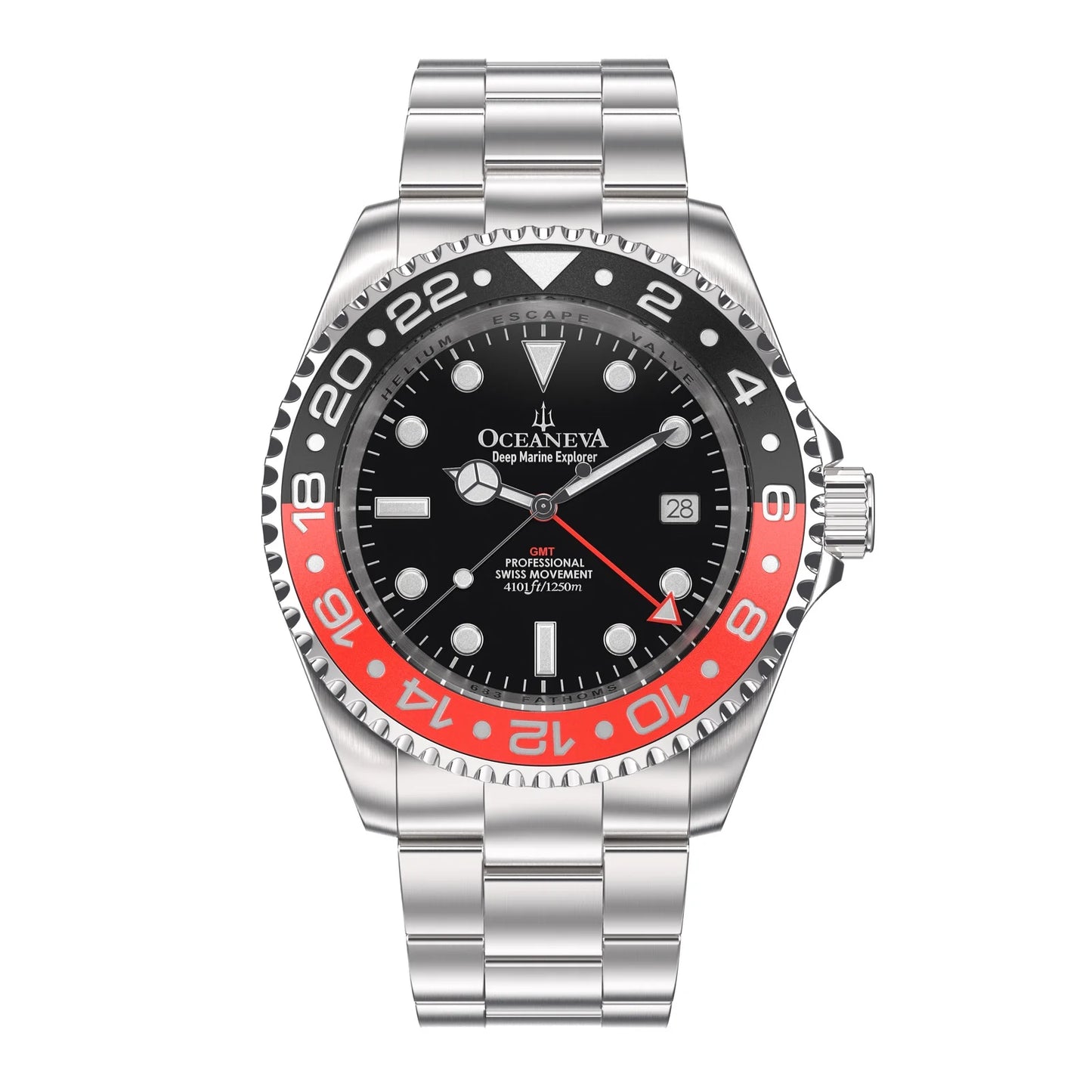 Stainless Diver 1250M Men's Movement Pro Deep and Red Swiss Quartz, Bracelet Watch GMT Black- Marine Explorer Oceaneva™ Steel