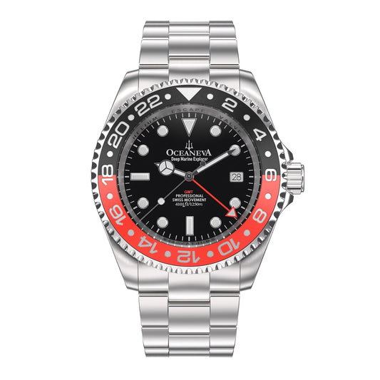 Stainless Diver 1250M Men's Movement Pro Deep and Red Swiss Quartz, Bracelet Watch GMT Black- Marine Explorer Oceaneva™ Steel