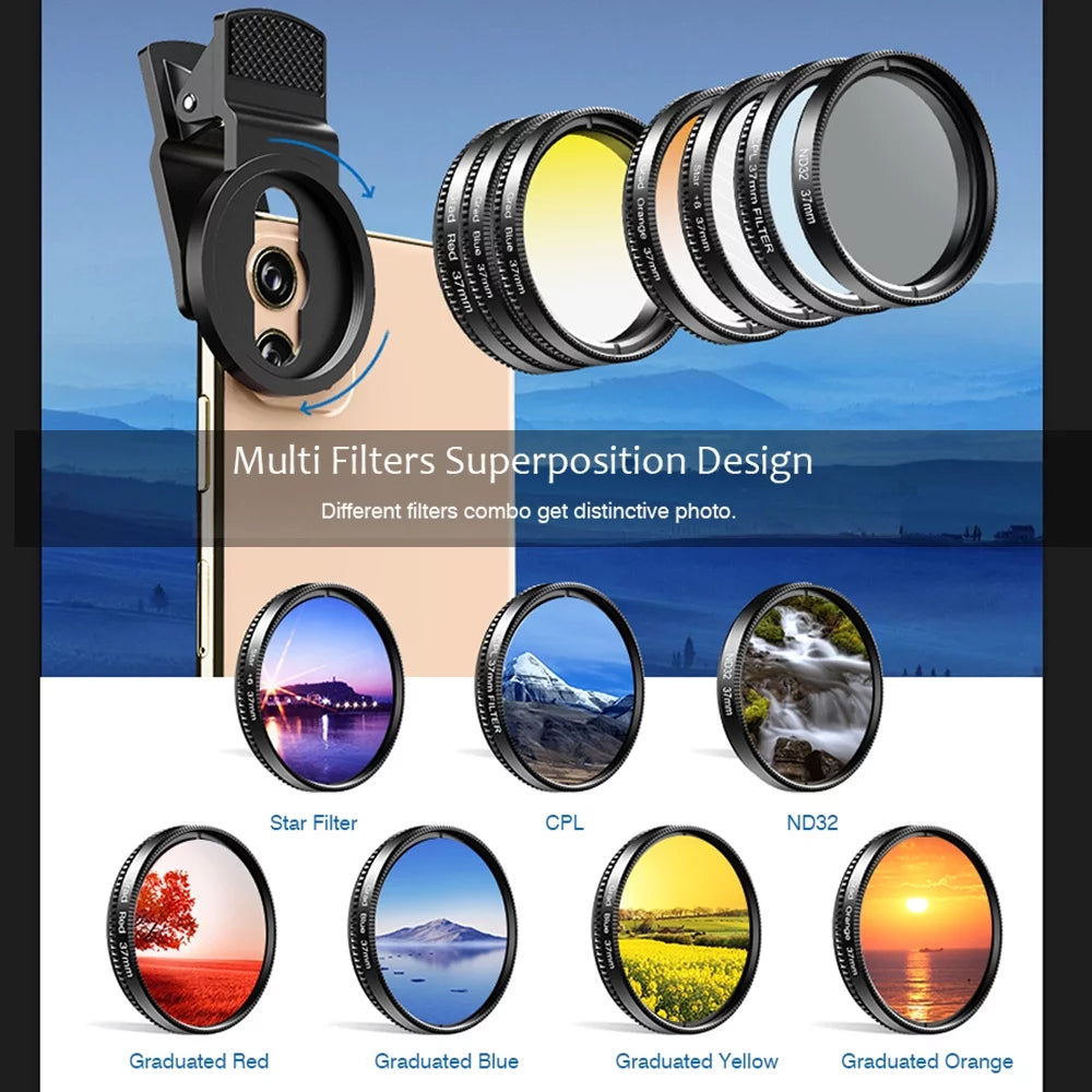 with Filter Smartphones Kit Filters Lenses CPL Suitable Professional Red Graduated Camera 37mm for Blue and Yellow APEXEL 7in1 Star Phone Most APL-37UV-7G Orange 37mm Lens