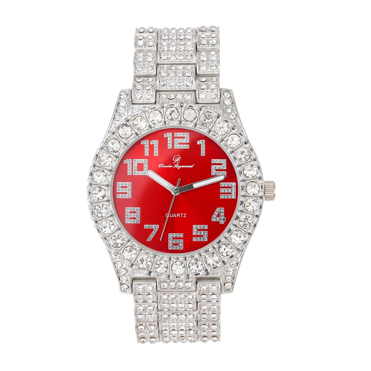 - Blinged Red Hop Out Dial Big Watch Colorful Silver Single Charles Mens Raymond ST10327AR Iced Rocks Blood Out with Hip Numerals Fully