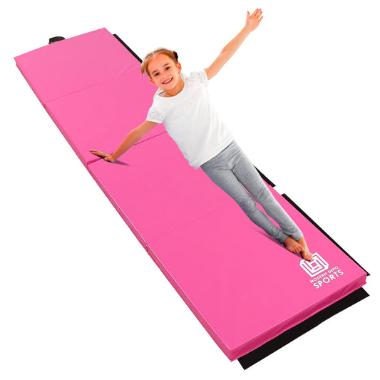 Stretching Pink Yoga, 8'x2'x2" Gymnastics Fold Four for Aerobics Exercise Mat Thick Home Mat Handles Tumbling Foldable Mats Carrying with