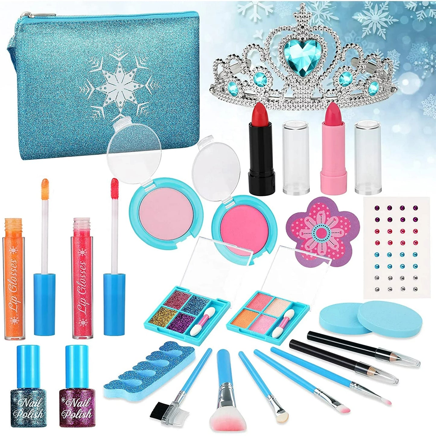 & Set Makeup Girls with Pcs Safe Kids Makeup Princess, Toddler 24 Washable Real Makeup Kids Kit Frozen Gift Set for for Toy Cosmetic Years Old Non-Toxic Toys 3-12 (Blue) for Kit Girls, Makeup Bag,