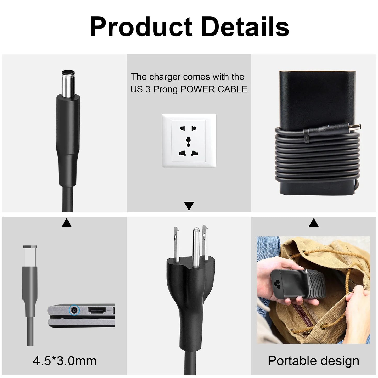 Adapter for Laptop 5567 Inspiron AC 65W 15-5565 Dell 7558 7568 Charger 7569 5568