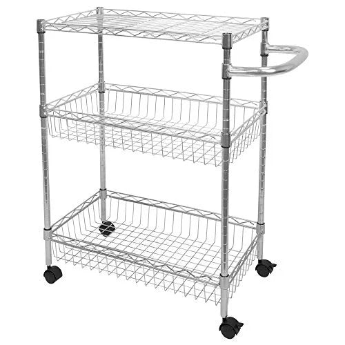 Trolley and | | Mesh Kitchen Multi-Function and | Rolling with Cart Storage Metal Organization Handle Cart Wire Silver Storage 3-Tier Heavy-Duty Wheels Mount-It! for