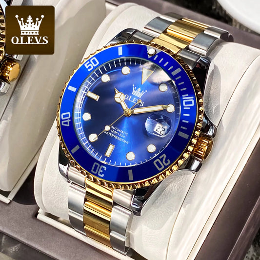 Adult Blue for Men Wristwatch Gold Two-Tone Automatic 6650A Male Date Olevs