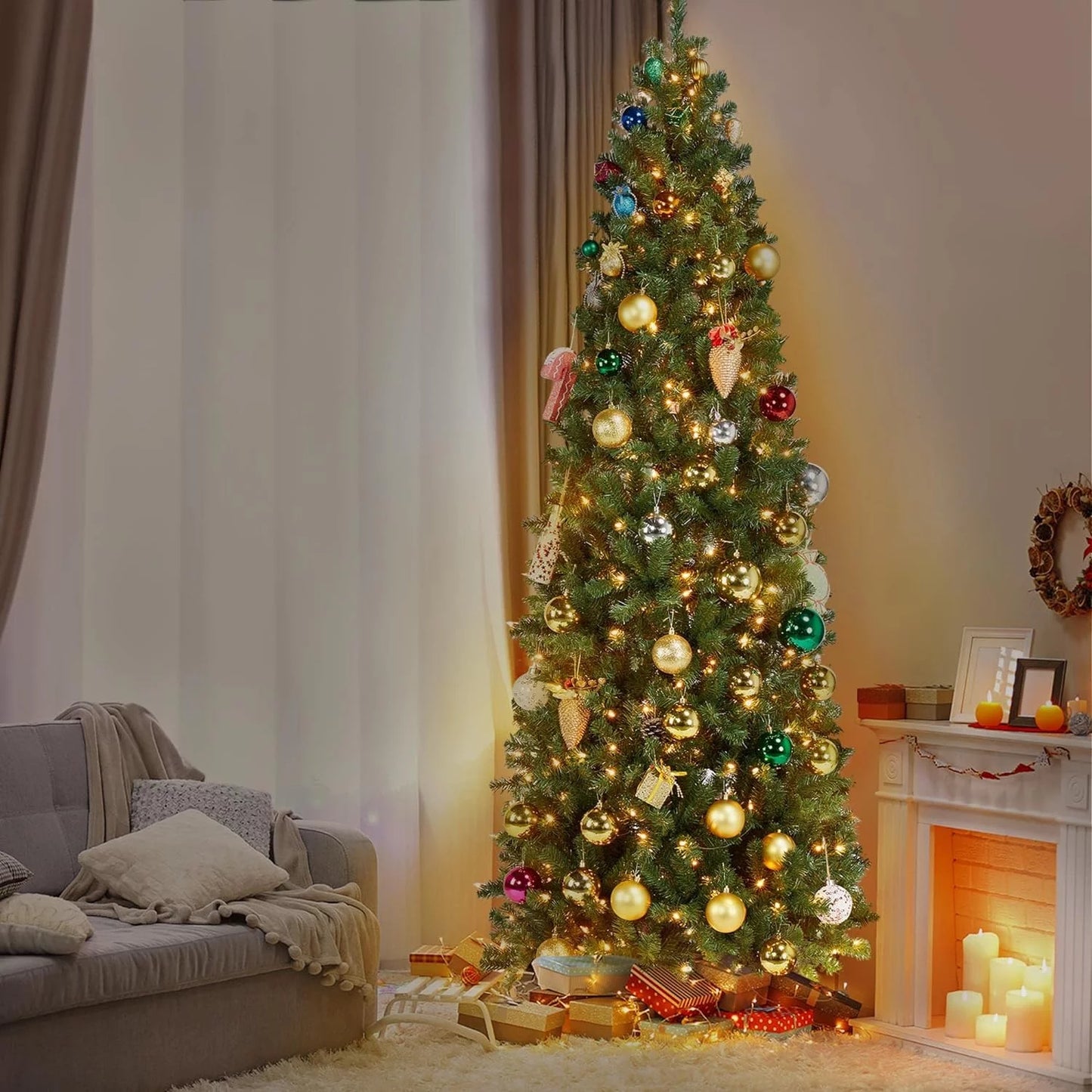 7.5Ft Pencil Green Includes Fir Artificial Foldable Kingswood Tree, Tree Decoration Christmas Holiday Tree Slim Stand