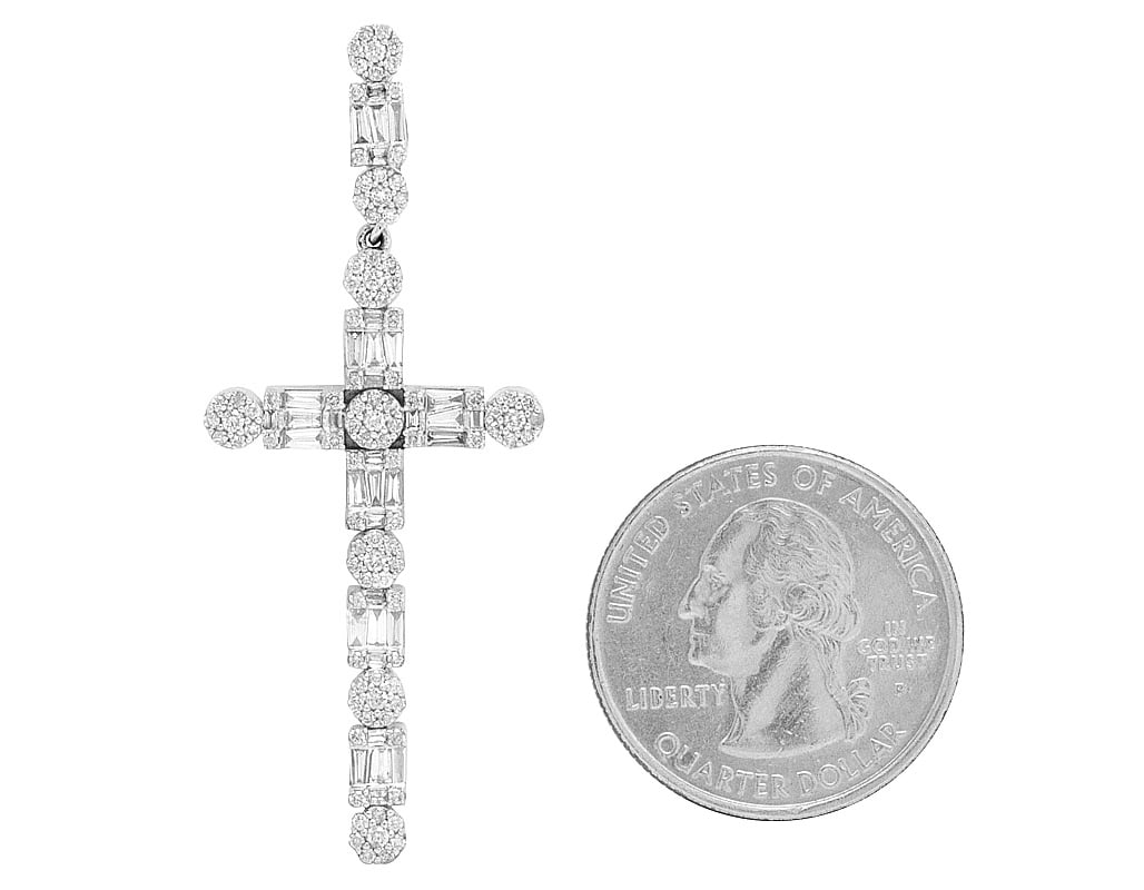 2" Diamond Unisex 10K White Gold Baguette 1.2CT Real Cluster Cross Flower