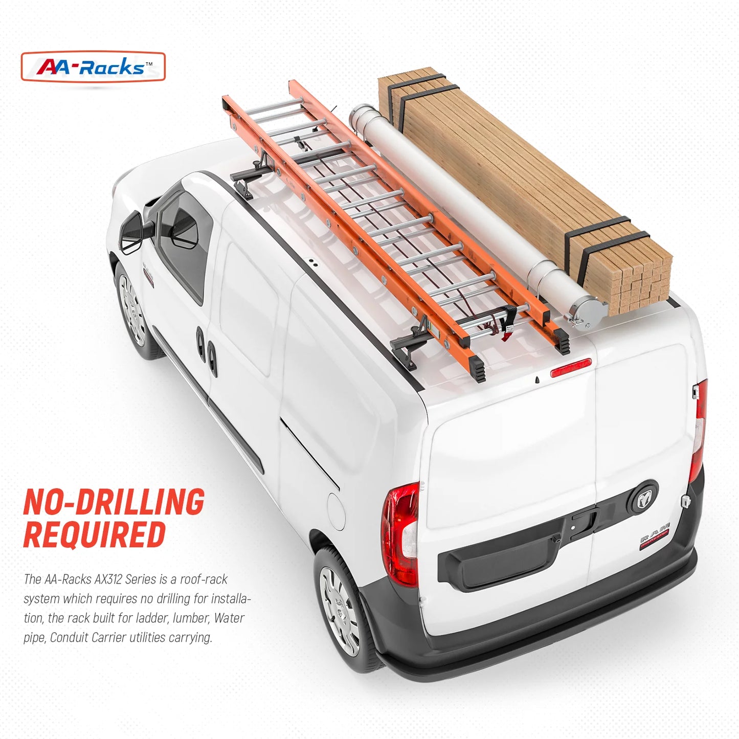 Stopper Aluminum AX312-PR System Rack Model w/ City AA-Racks 2015-On (50") Ladder Black Roof RAM 2 ProMaster Bar Van