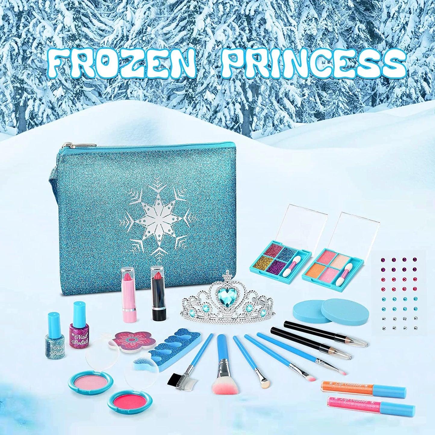 & Set Makeup Girls with Pcs Safe Kids Makeup Princess, Toddler 24 Washable Real Makeup Kids Kit Frozen Gift Set for for Toy Cosmetic Years Old Non-Toxic Toys 3-12 (Blue) for Kit Girls, Makeup Bag,