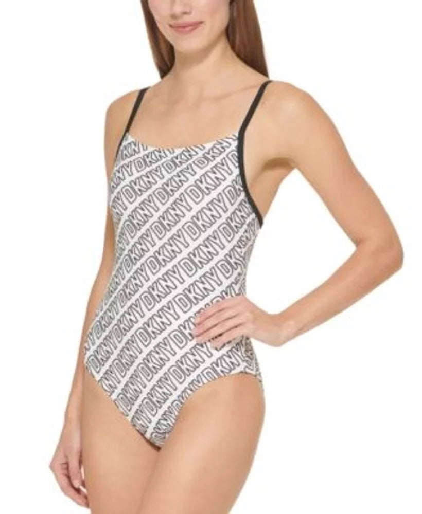 X-Large US DKNY Logo-Print WHITE/BLACK One-Piece Swimsuit,