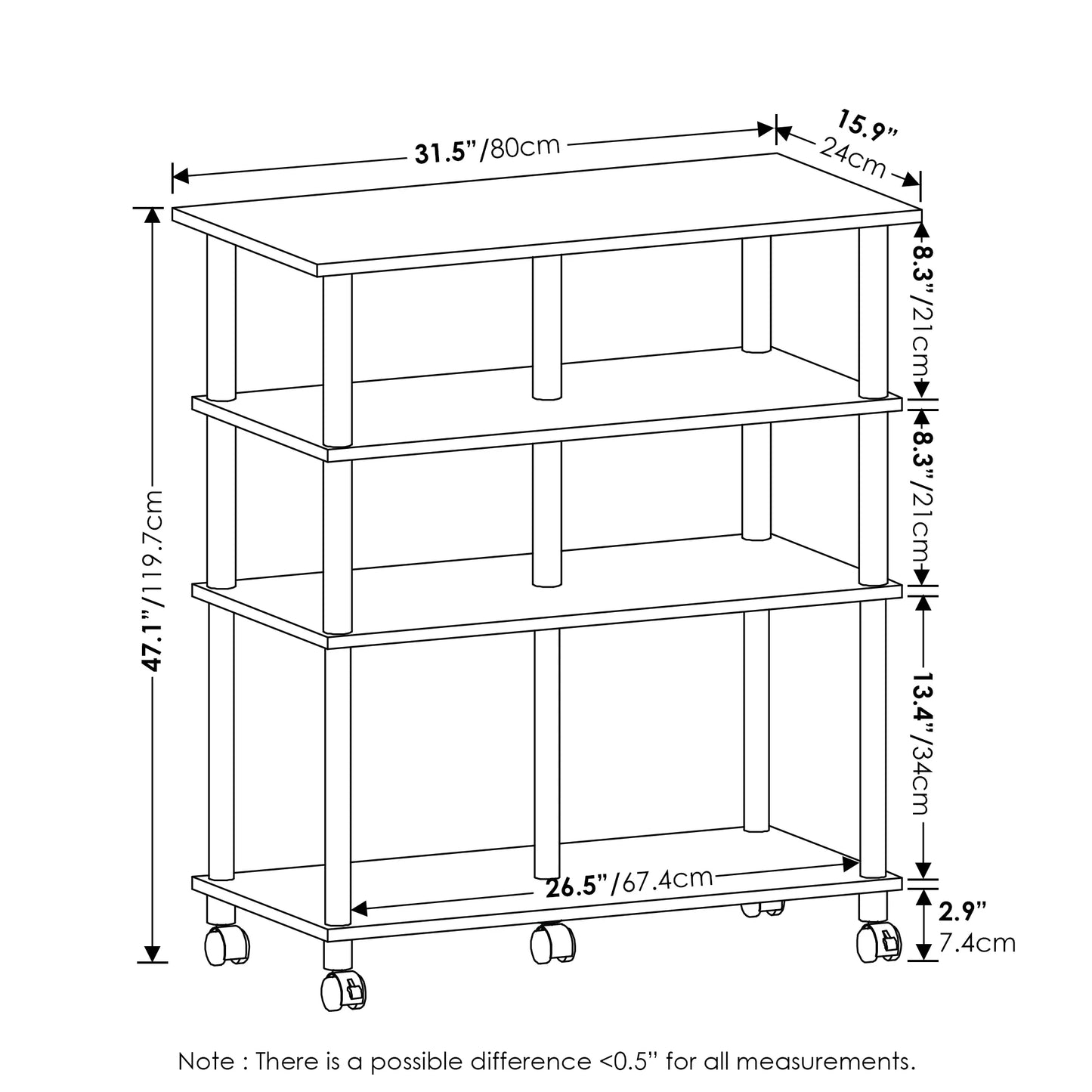 wheels, 4-Tier Columbia Kitchen on Walnut/Black Rolling Helena Furinno Island