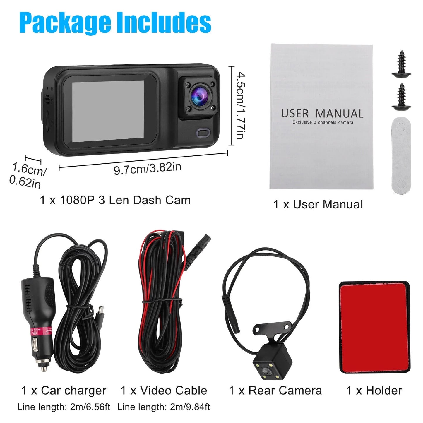 1080P Dash Camera G-sensor 3 Dual Video 170° Lens Car Recorder Channel 2" Cam HD