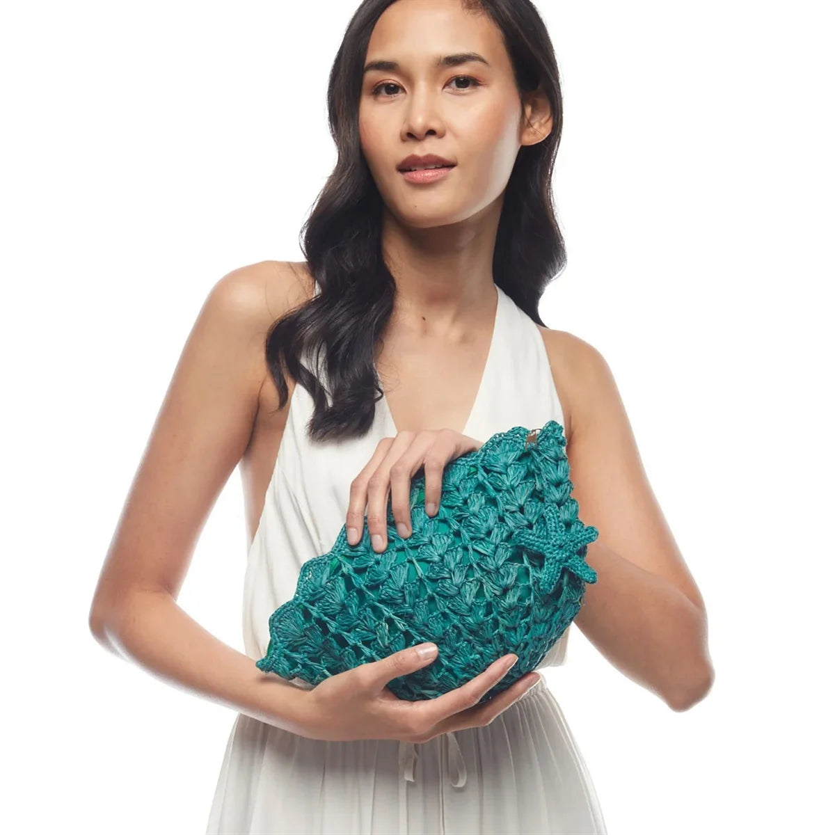 Sol Shelley Charm, Seashell Clutch w Starfish Y Aqua Raffia Mar Straw Crocheted