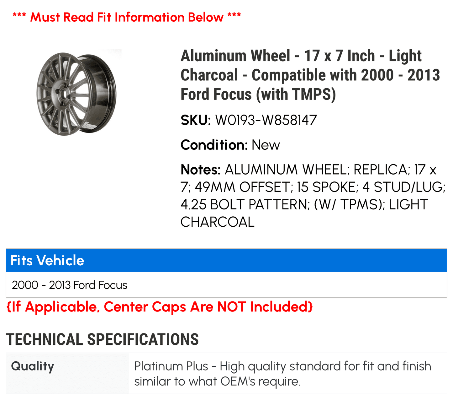 17 7 2013 Focus 2002 Light - x 2007 Inch 2004 Aluminum with 2012 Ford - 2010 2009 2000 Charcoal 2008 2006 2001 TMPS) Compatible 2011 2003 - Wheel (with - 2005