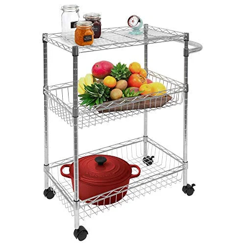 Trolley and | | Mesh Kitchen Multi-Function and | Rolling with Cart Storage Metal Organization Handle Cart Wire Silver Storage 3-Tier Heavy-Duty Wheels Mount-It! for