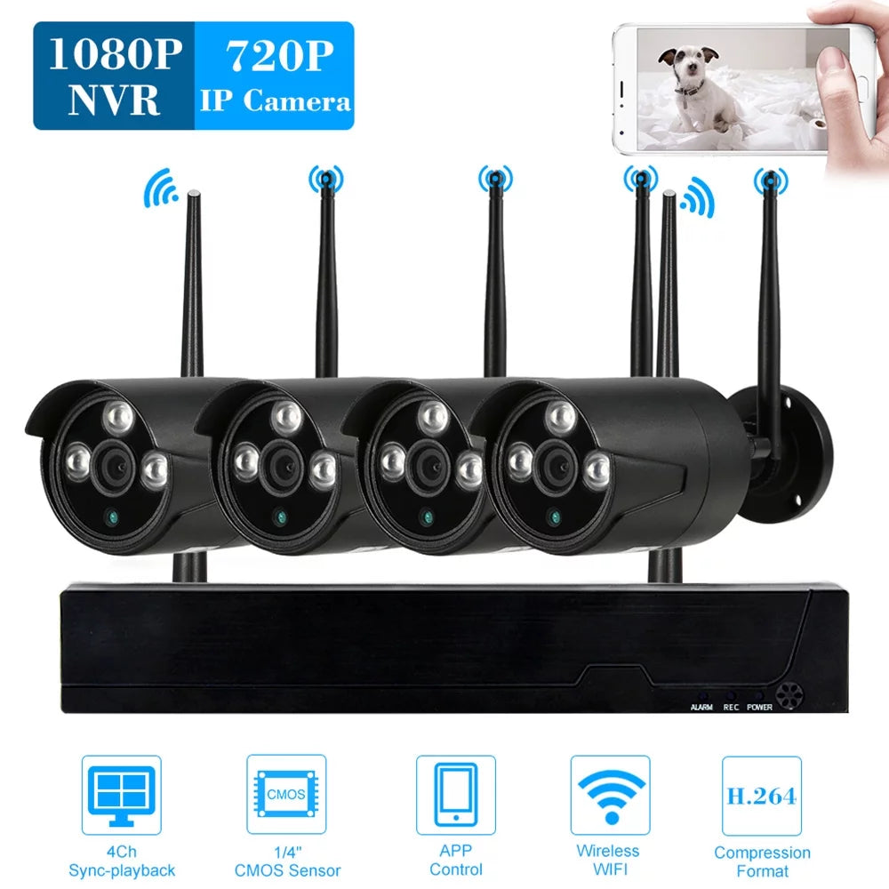 with Phone Control NVR P2P Detection Outdoor Vision System 4pcs Waterproof for Night HD WiFi IR-CUT Support Motion IP Kit WiFi 1.0MP Camera CCTV Wireless 1080P 4CH