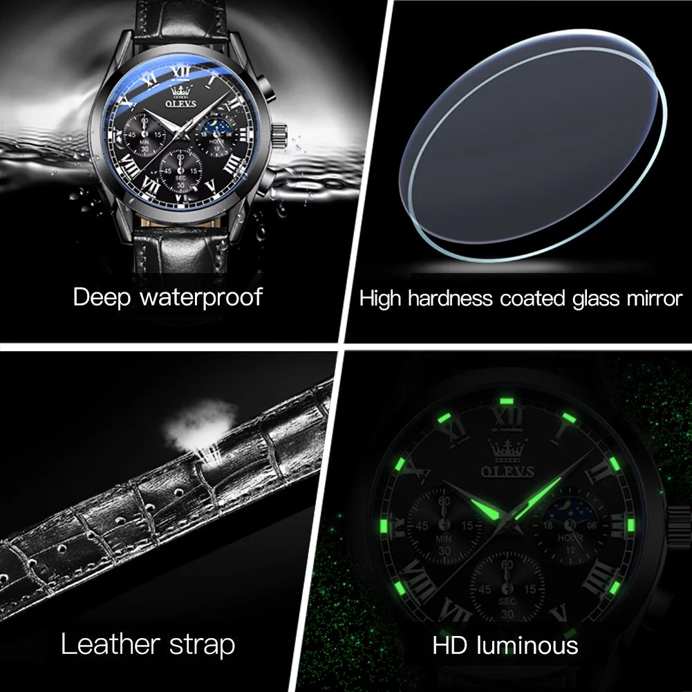 Strap Male Analog Sports Luxury OLEVS Leather Wristwatch Watches Watches Luminous Waterproof Business Quartz Mens Reloj, Chronograph Classic with Men for