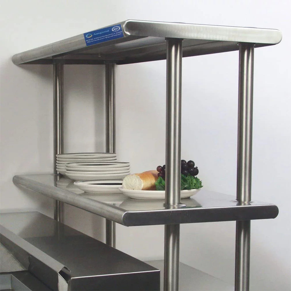 12" Double Tier Wide Kitchen Two Steel Prep & Combo | Shelves Stainless With Table x 14" Overshelf Shelving Table Work 60" Metal |