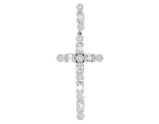 2" Diamond Unisex 10K White Gold Baguette 1.2CT Real Cluster Cross Flower