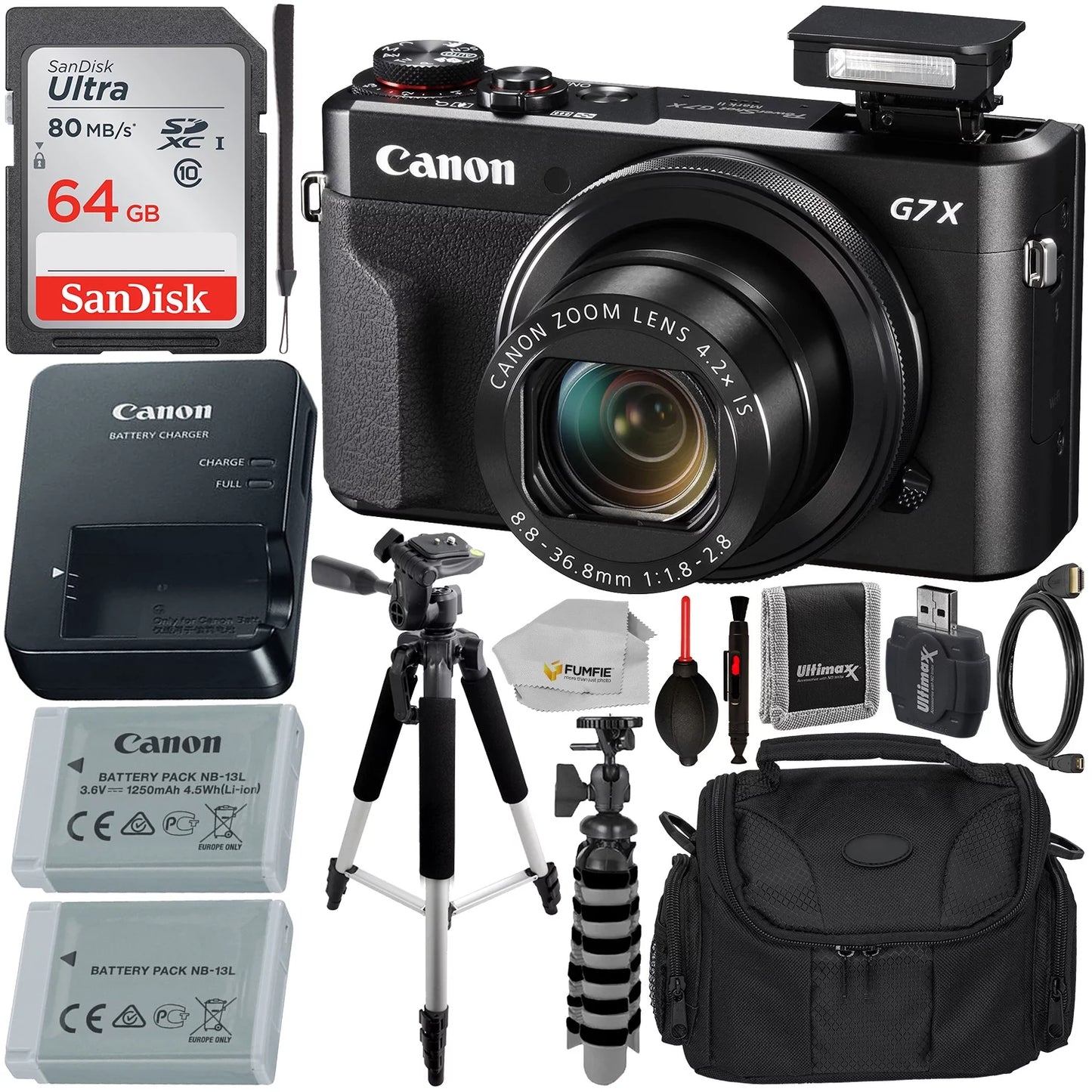 Accessory & Ultra (Black) PowerShot More II with Card, SanDisk Canon Life Extended X Essential Memory Replacement Case Digital - SDXC Bundle G7 Mark Carrying Battery, 64GB Camera Includes: Tripod,