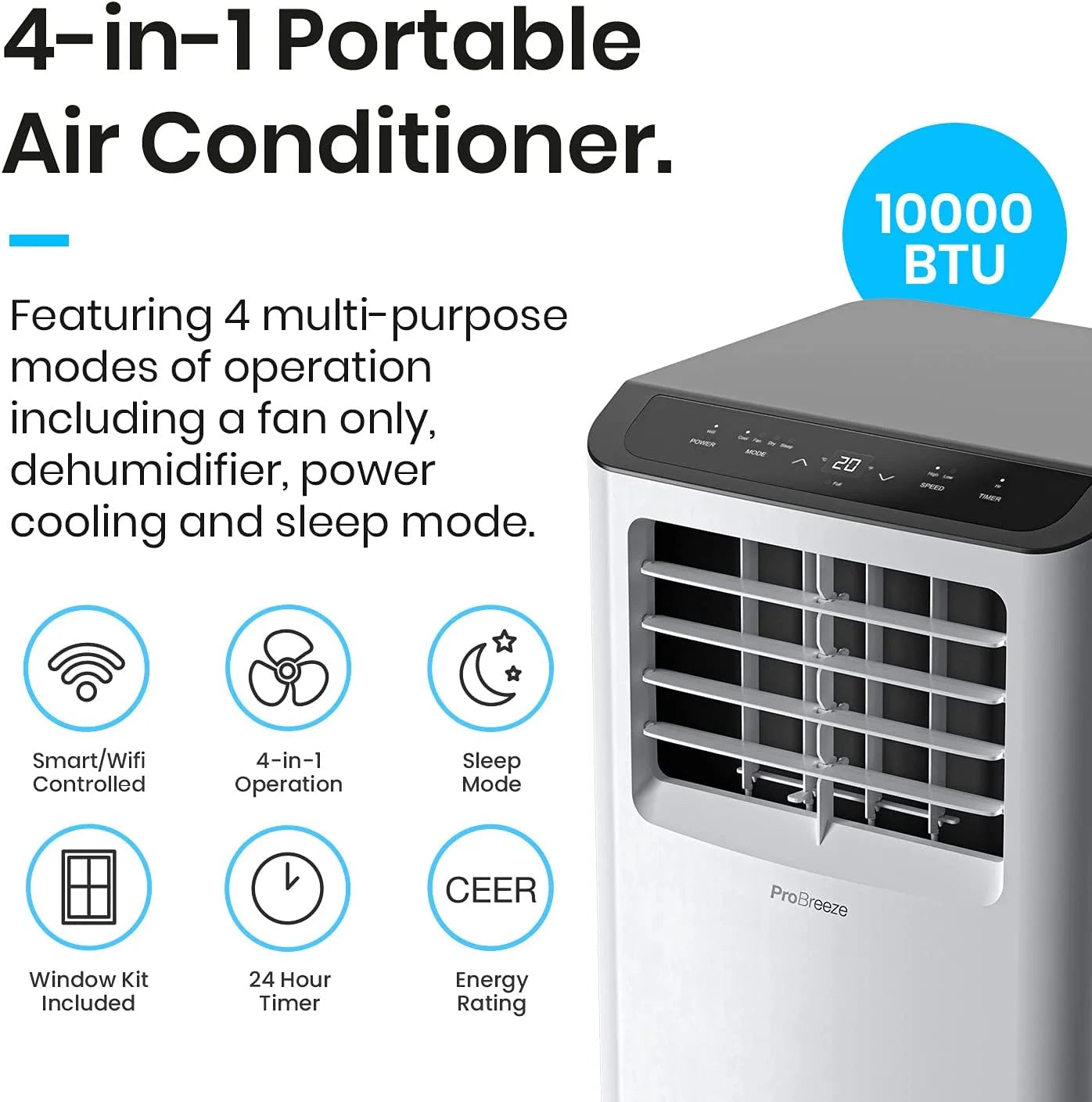 Wifi Room Dehumidifier, Conditioner Air for 450SqFt in Kit, Venting Air BTU Conditioner Window Air Timer, Unit, Night, 4 Unit 10000 Portable AC with Smart 1 Fan, Portable Conditioning QCAI