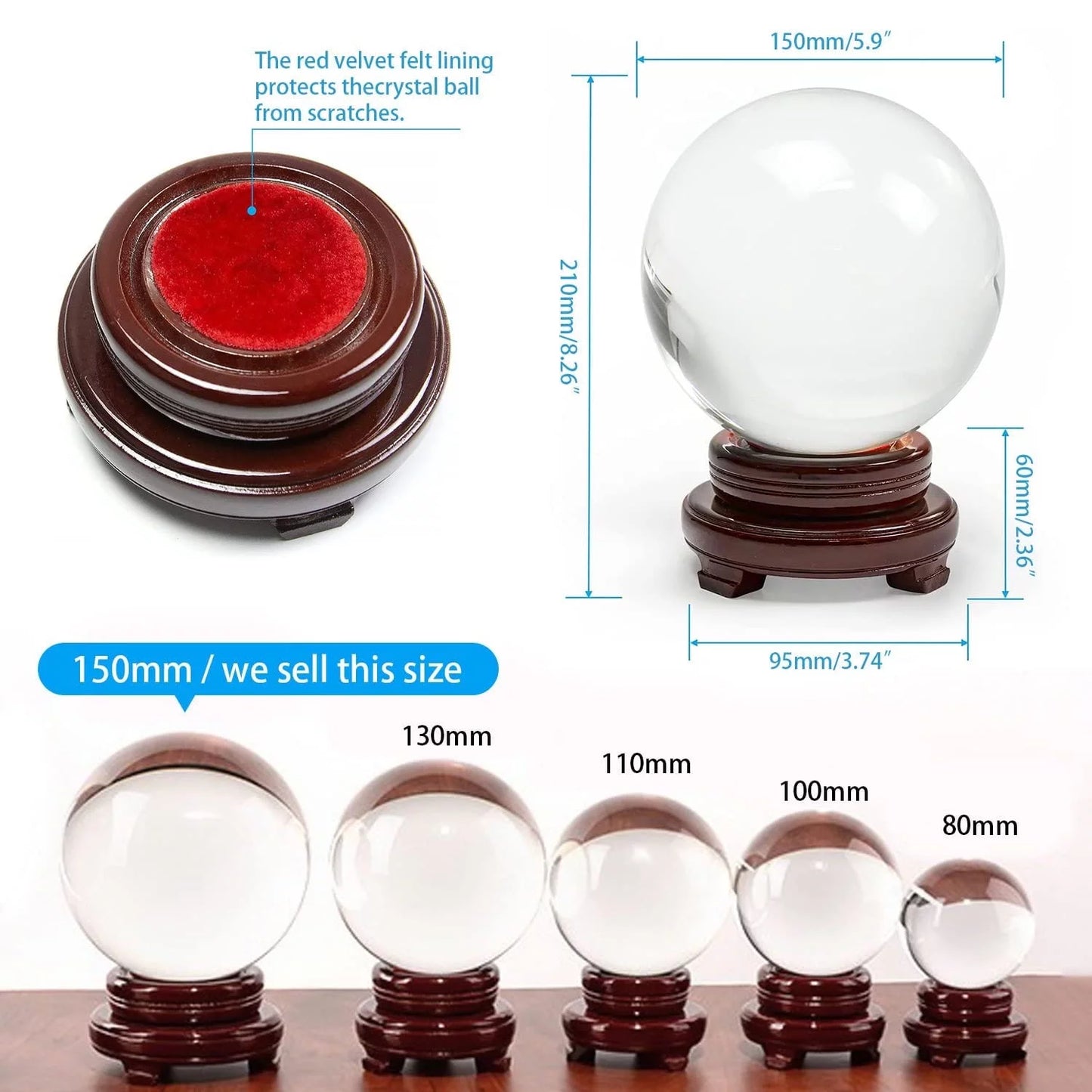 Sphere Stand 150mm Ball Clear Glass bimiti Magic Marbles Crystal Ball, for Wood Glass 5.9" Gift with Large Witch