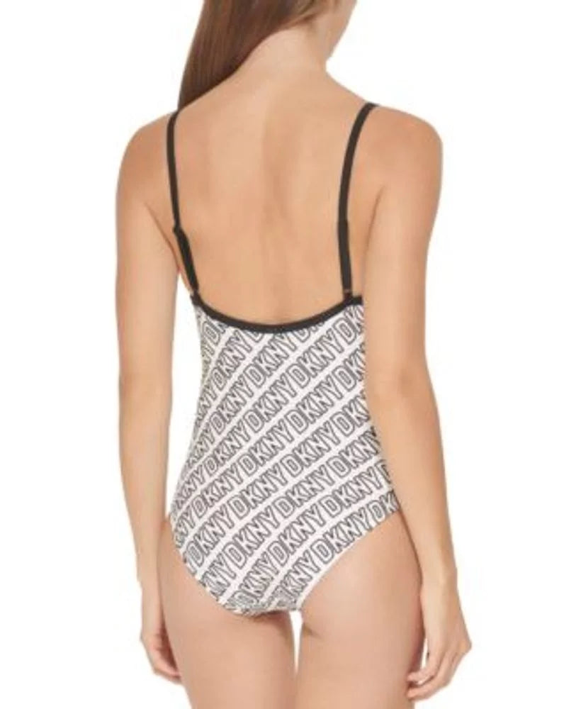 X-Large US DKNY Logo-Print WHITE/BLACK One-Piece Swimsuit,