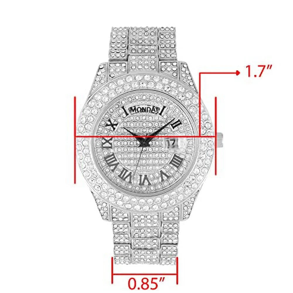 &Day Watch w/Easy Big - Out Timepiece Out Iced Rocks Designer Fully Blinged ST10535 (ST10535-RN Hop Read Silver) Dials- Raymond and Date Hip Mens Colorful Charles Diamond