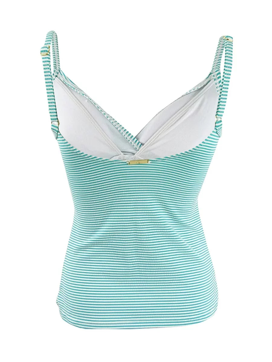 Tankini Cups Aqua RALPH Ruffled Surplice Swimsuit Top Striped Adjustable 6 Removable Seersucker LAUREN Women's LAUREN Lined