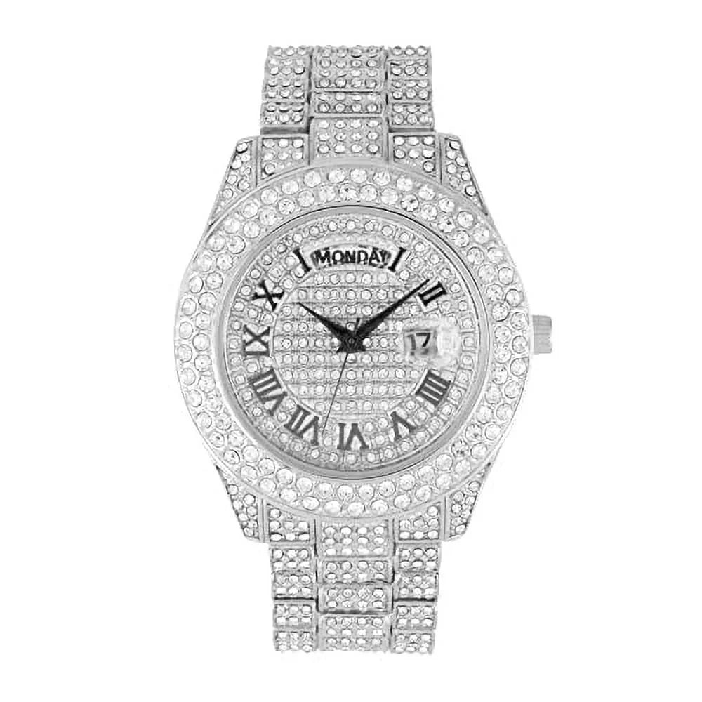 &Day Watch w/Easy Big - Out Timepiece Out Iced Rocks Designer Fully Blinged ST10535 (ST10535-RN Hop Read Silver) Dials- Raymond and Date Hip Mens Colorful Charles Diamond