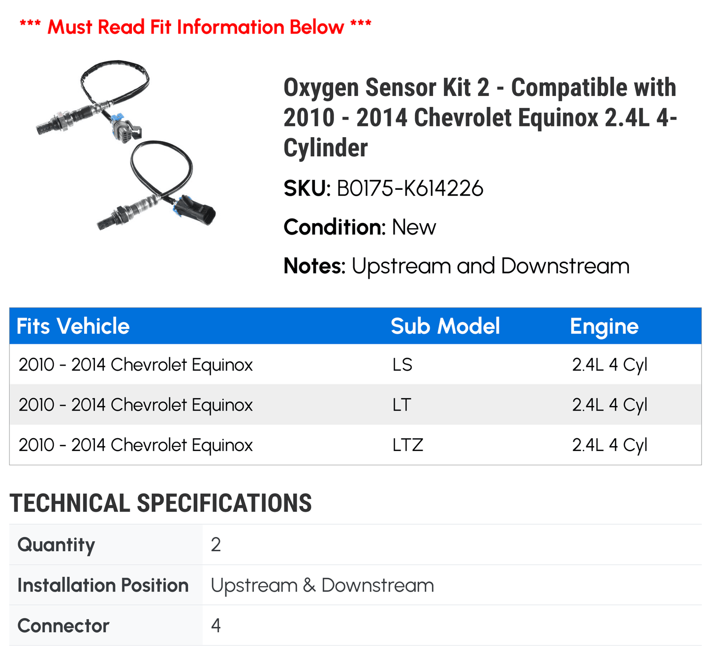 2012 Oxygen 2014 2010 Compatible 4-Cylinder 2.4L Equinox - 2013 2 Kit 2011 Chevy with Sensor -