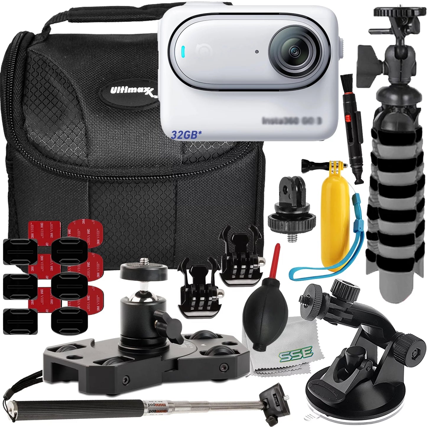 1/4” 3 Cam Screw Includes: & (25pc Bundle GO Bundle) Insta360 (32GB) Action Mounts, Metal Mini - More Camera Advanced Action Ultimaxx Adapter for Dolly