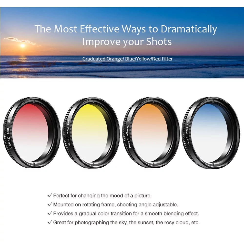 with Filter Smartphones Kit Filters Lenses CPL Suitable Professional Red Graduated Camera 37mm for Blue and Yellow APEXEL 7in1 Star Phone Most APL-37UV-7G Orange 37mm Lens